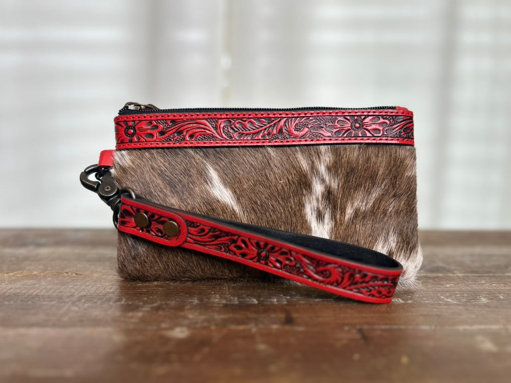 Tooled Hair-on-Hide Wristlet - Red