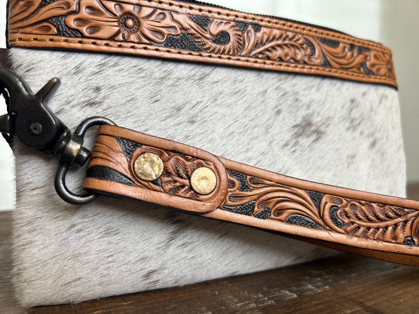 Tooled Leather & Hair-on-Hide Wristlet -White