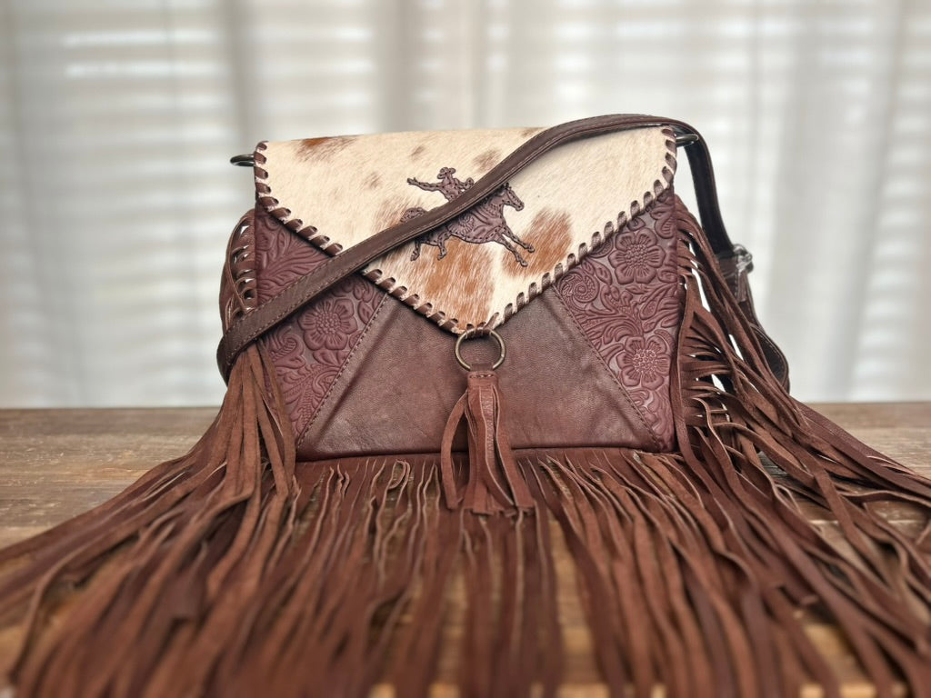 Hair on Hide Tooled Leather Fringe Crossbody