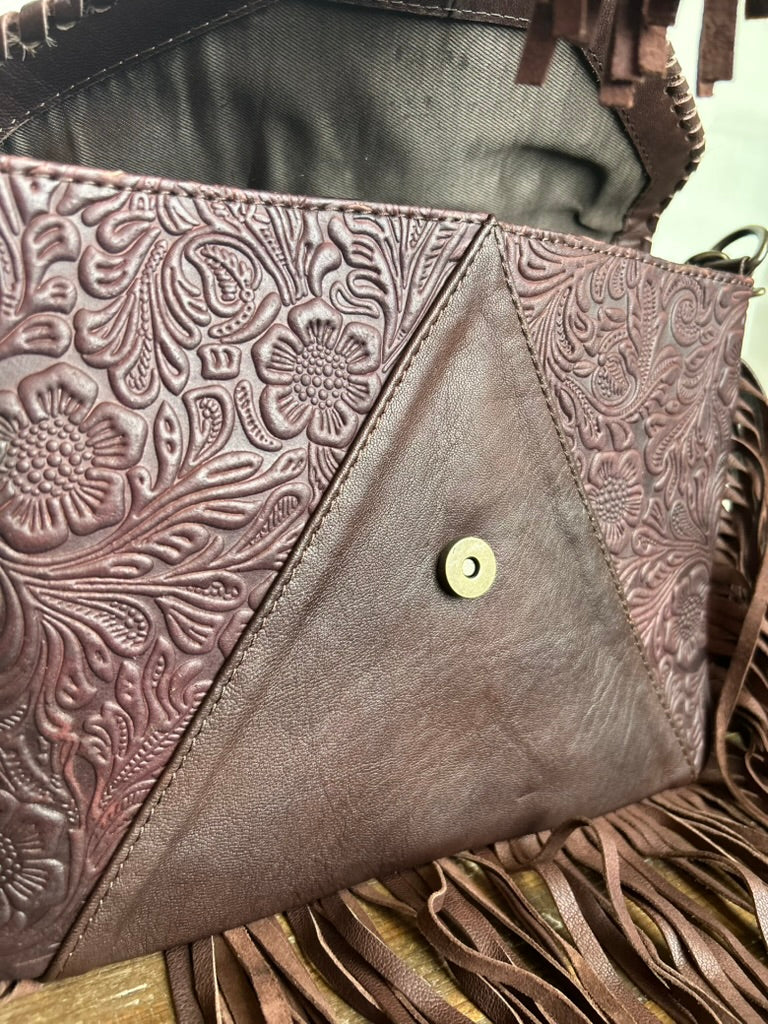 Cowhide Tooled Leather Fringe Crossbody