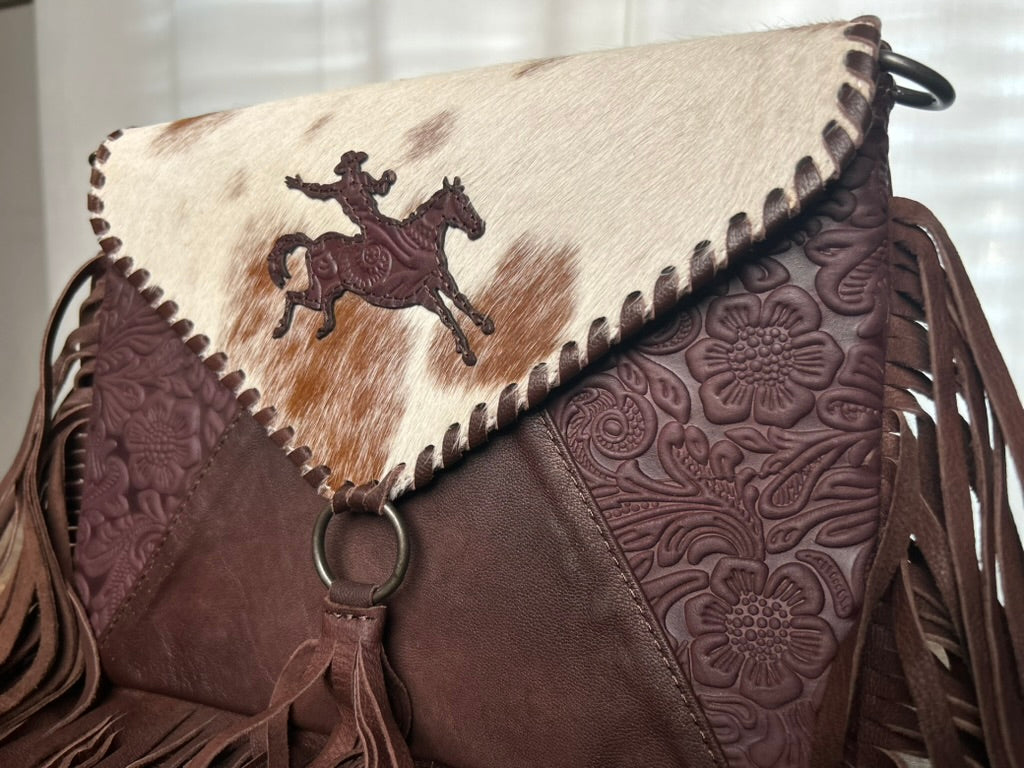 Hair on Hide Tooled Leather Fringe Crossbody