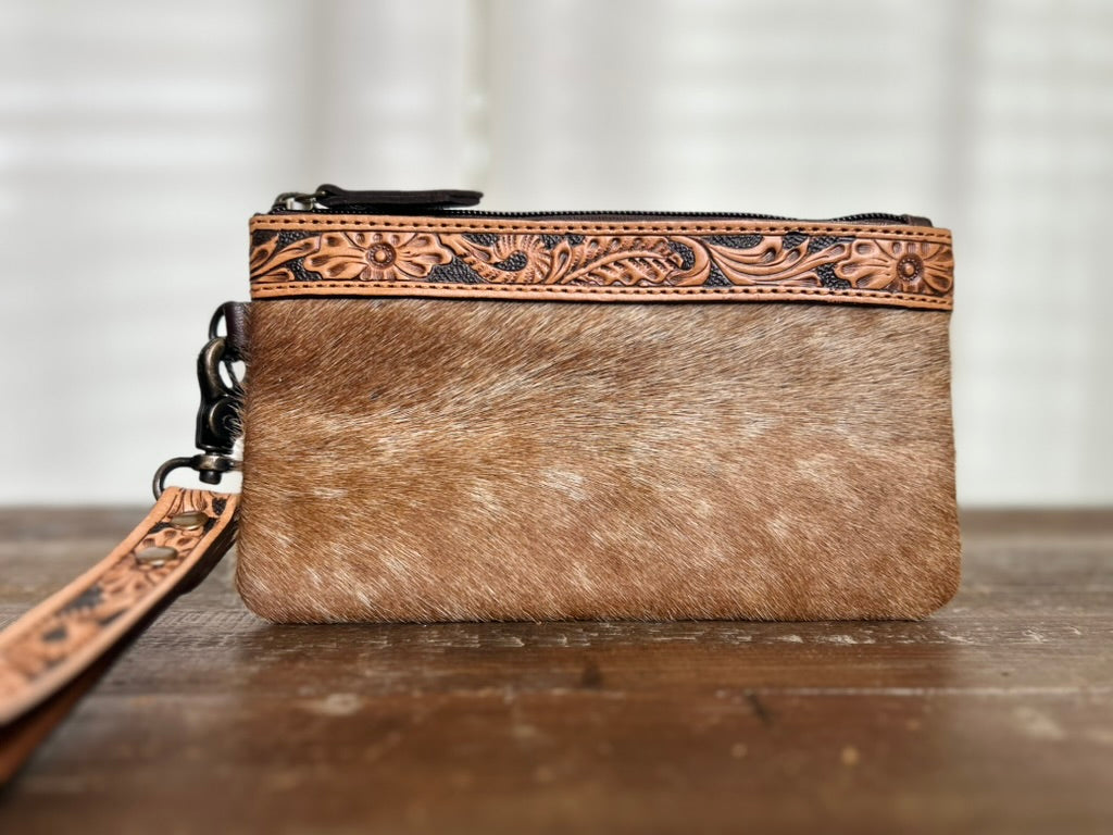Tooled Hair-on-hide Wristlet - Tan