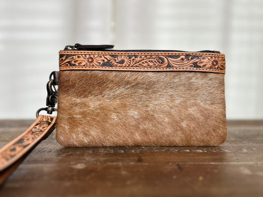 Tooled Hair-on-hide Wristlet - Tan