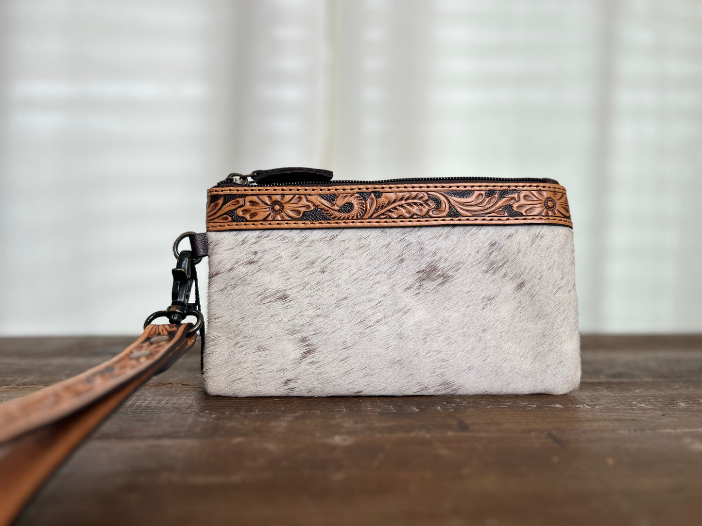 Tooled Leather & Hair-on-Hide Wristlet -White