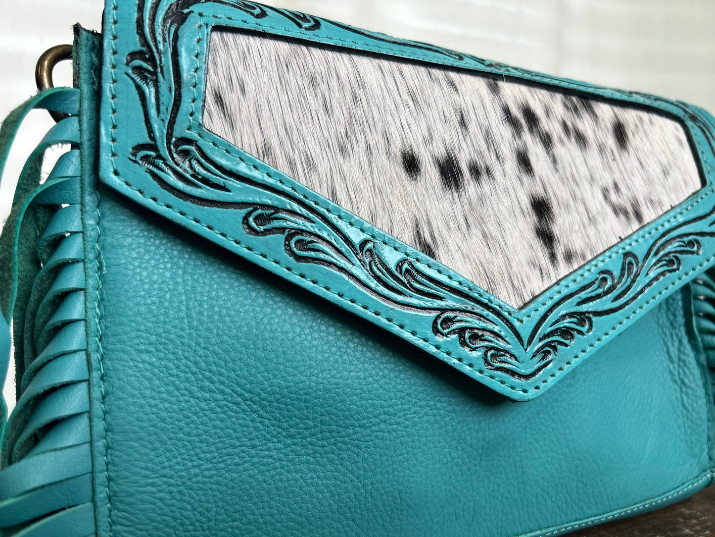 Turquoise Tooled Leather Cowhide Fringe Purse