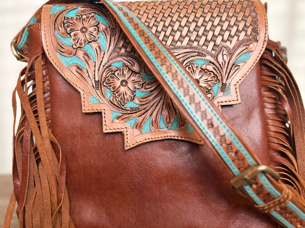 Hand-Tooled Western Leather Fringed Crossbody