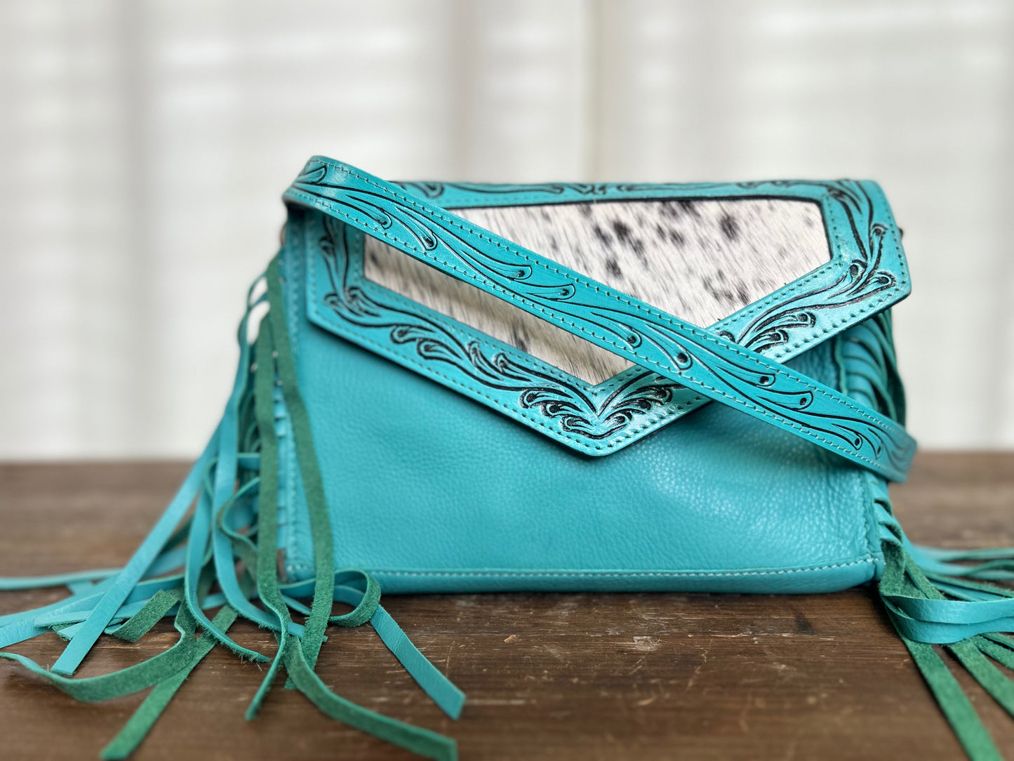 Turquoise Tooled Leather Cowhide Fringe Purse