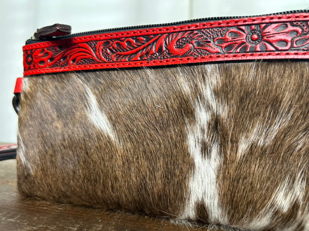 Tooled Hair-on-Hide Wristlet - Red
