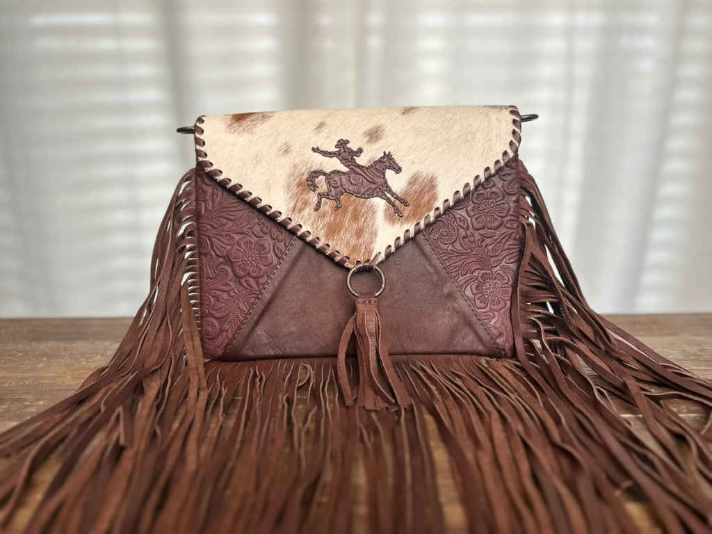 Hair on Hide Tooled Leather Fringe Crossbody