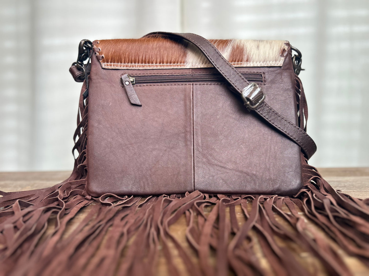 Cowhide Tooled Leather Fringe Crossbody