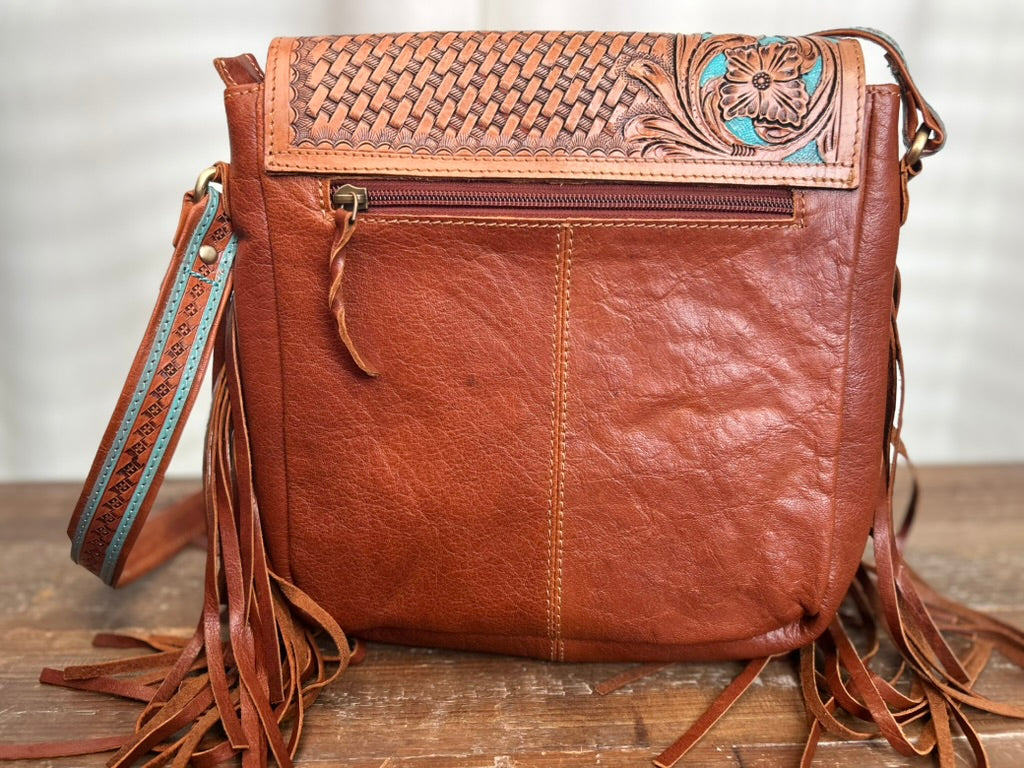 Hand-Tooled Western Leather Fringed Crossbody