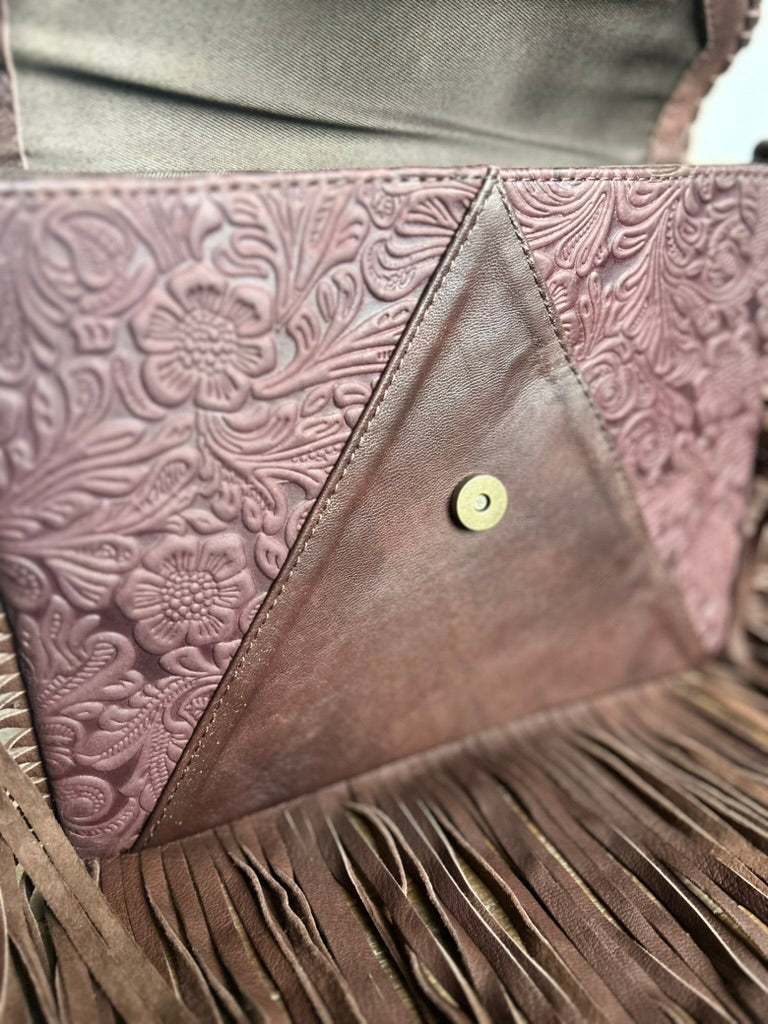 Hair on Hide Tooled Leather Fringe Crossbody