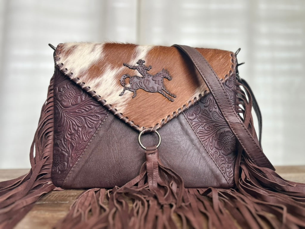 Cowhide Tooled Leather Fringe Crossbody