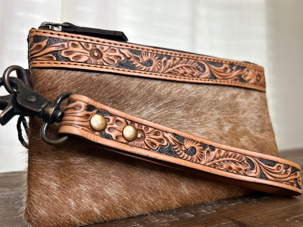 Tooled Hair-on-hide Wristlet - Tan