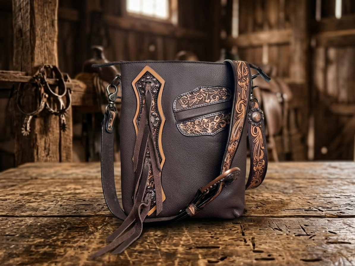 Concho Leather Crossbody with tooling and fringe accents