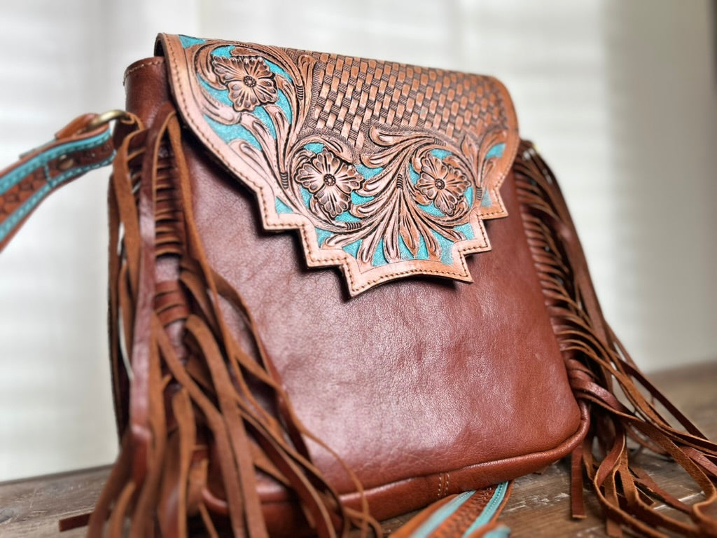 Hand-Tooled Western Leather Fringed Crossbody
