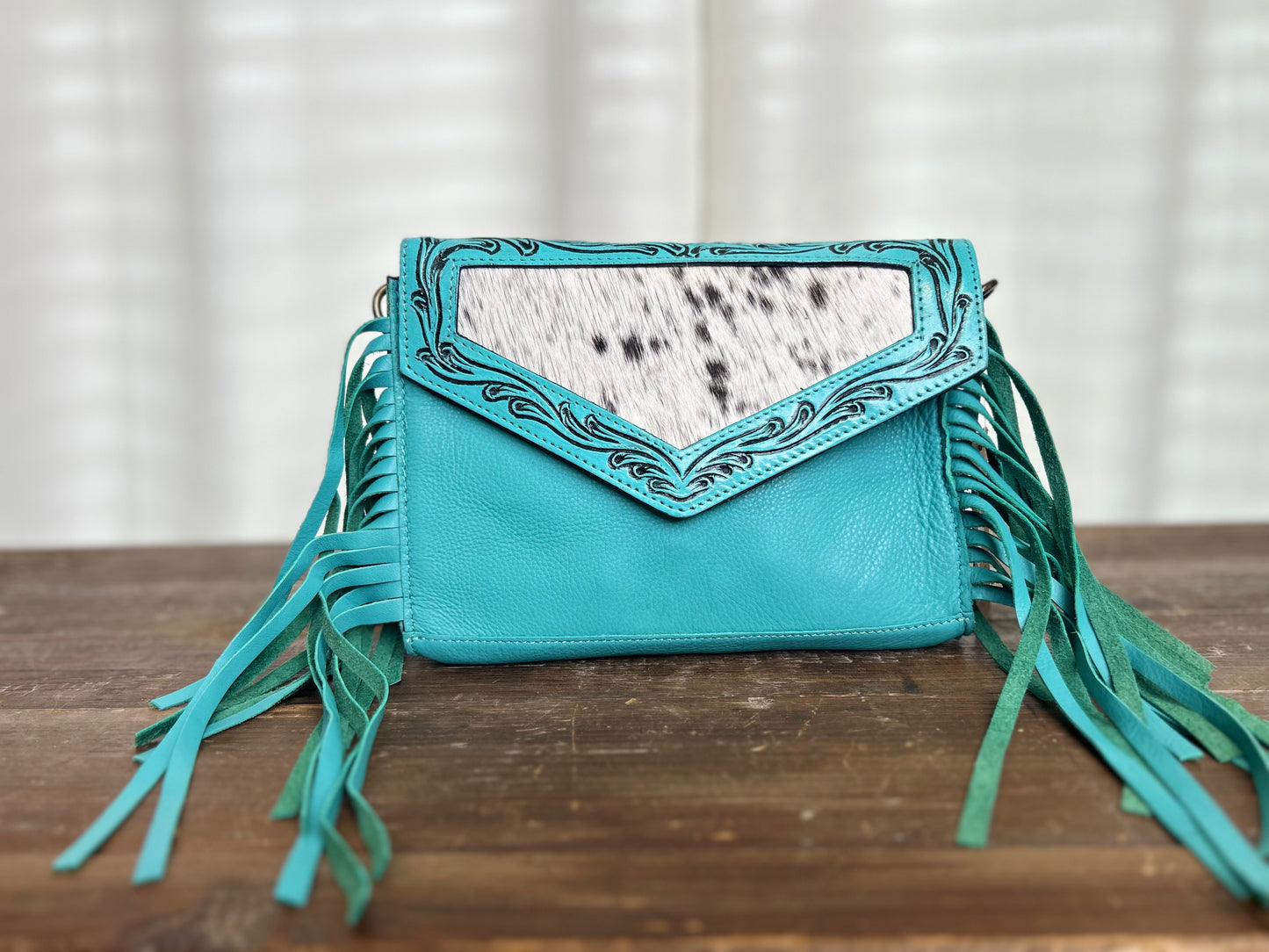 Turquoise Tooled Leather Cowhide Fringe Purse