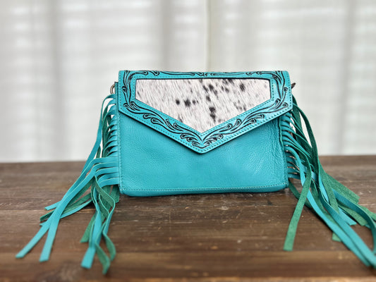 Turquoise Tooled Leather Cowhide Fringe Purse