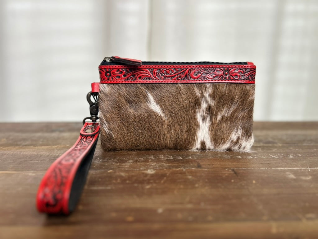 Tooled Hair-on-Hide Wristlet - Red