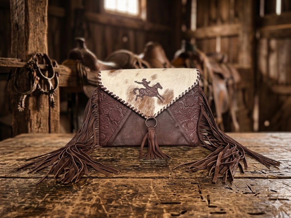 Hair on Hide Tooled Leather Fringe Crossbody