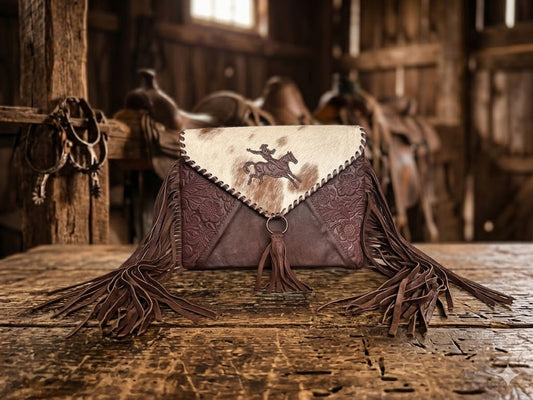Hair on Hide Tooled Leather Fringe Crossbody
