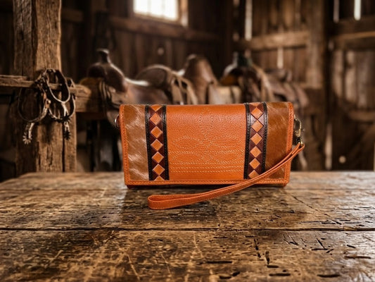 Cowhide Boot Stitch Convertible Wallet Wristlet Crossbody