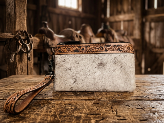 Tooled Leather & Hair-on-Hide Wristlet -White