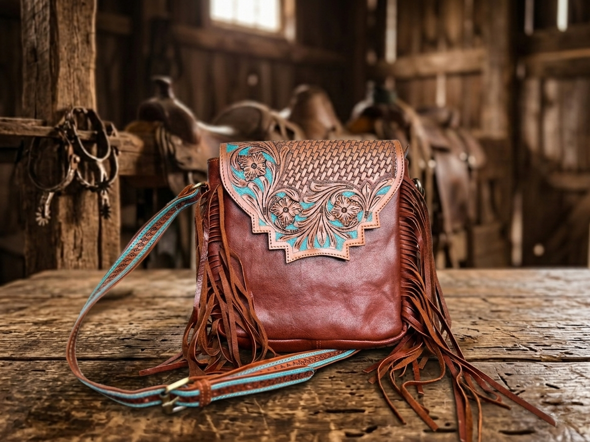 Hand-Tooled Western Leather Fringed Crossbody