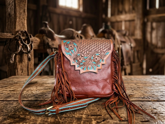 Hand-Tooled Western Leather Fringed Crossbody