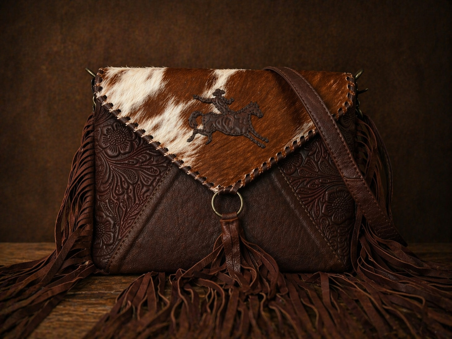 Cowhide Tooled Leather Fringe Crossbody